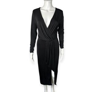Good American Dress Women’s 2 Faux Wrap Shimmer Black Stretchy Jersey Cocktail